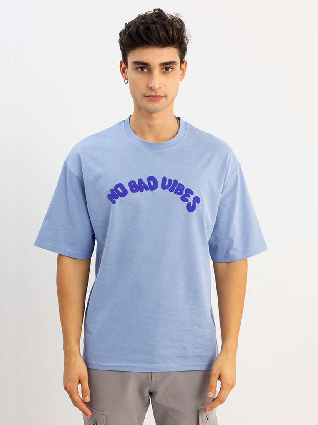 Snitch Blue Typography Printed Oversized Cotton T-shirt