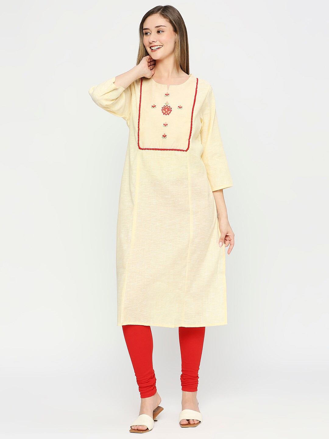 MeeMee Floral Embroidered Thread Work Maternity Kurta with Feeding Zip