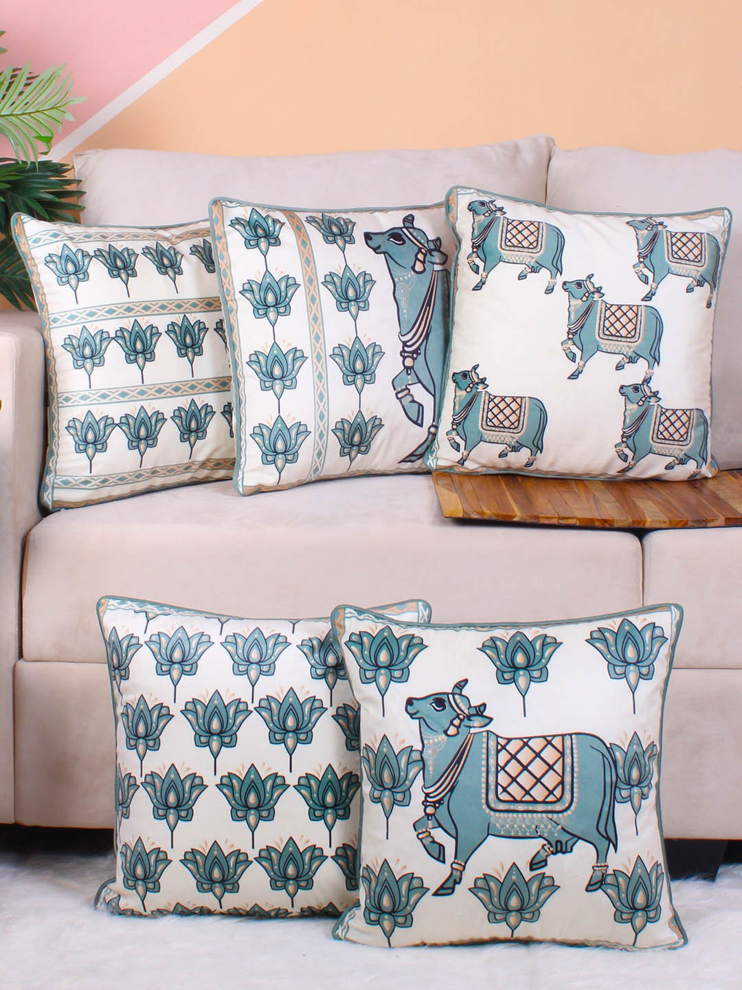 STITCHNEST Set of 5 Green & White Velvet Cushion Cover