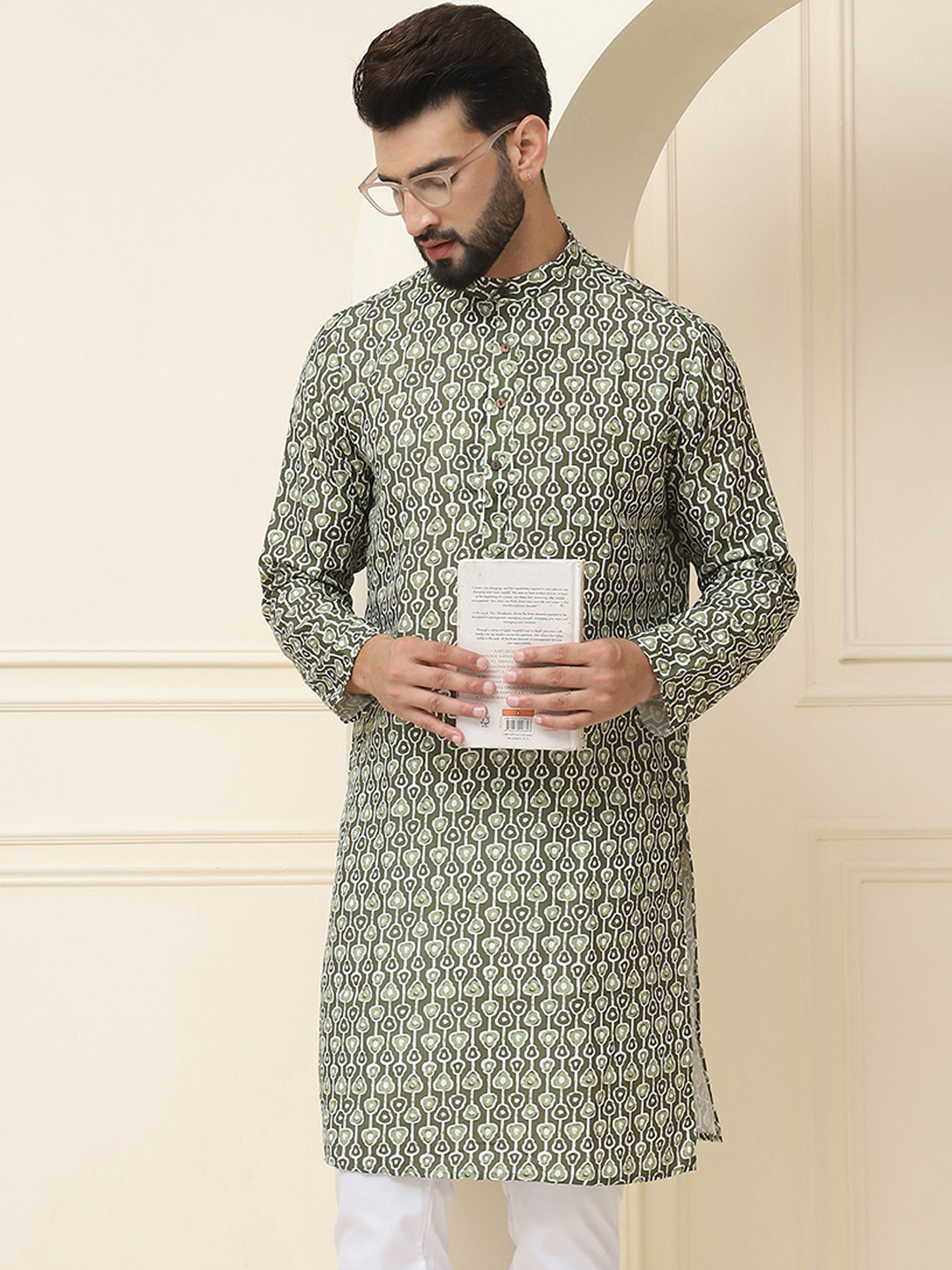 SOJANYA Band Collar Geometric Printed Pure Cotton Straight Work Kurta