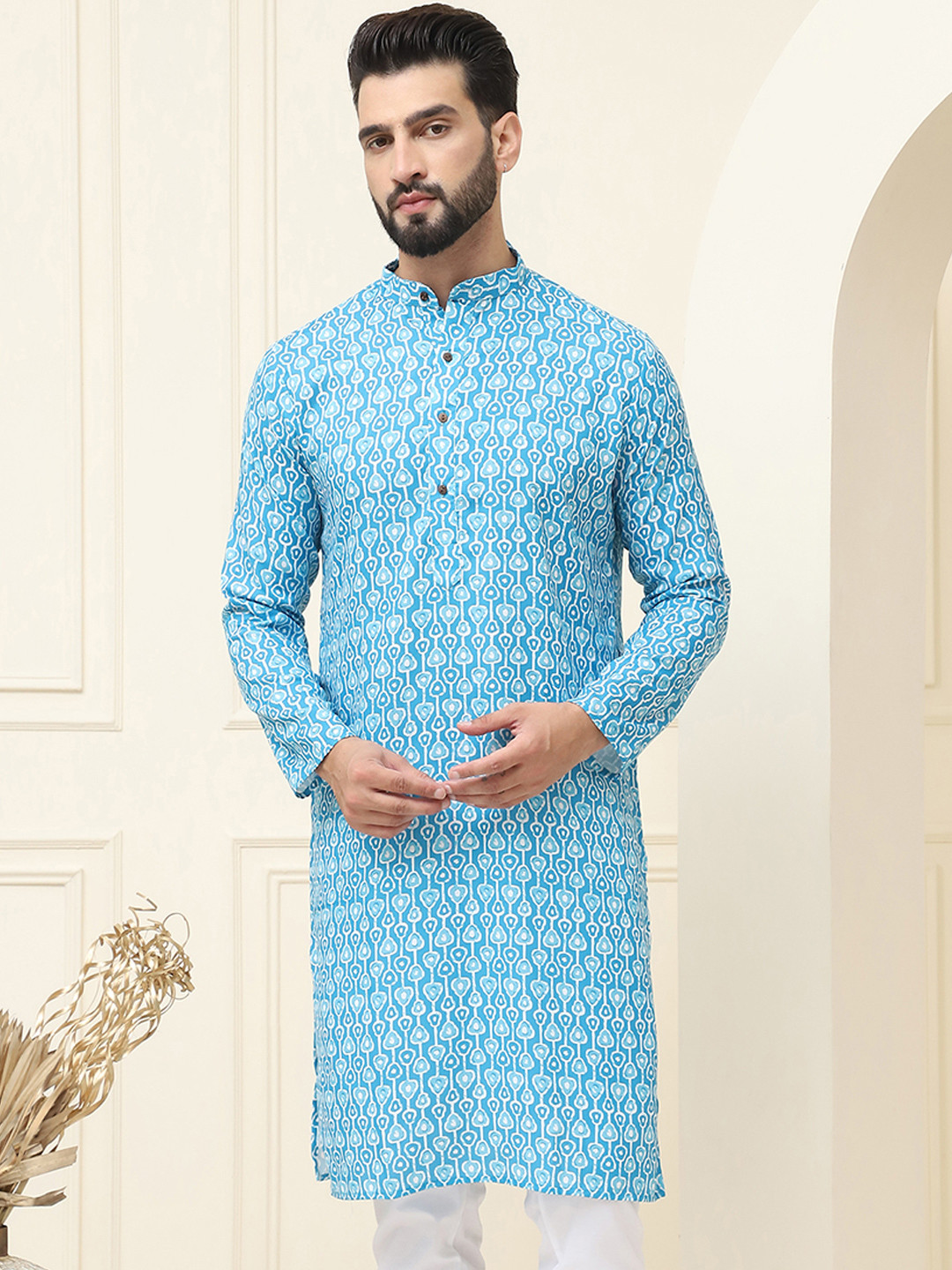 SOJANYA Band Collar Geometric Printed Pure Cotton Straight Work Kurta