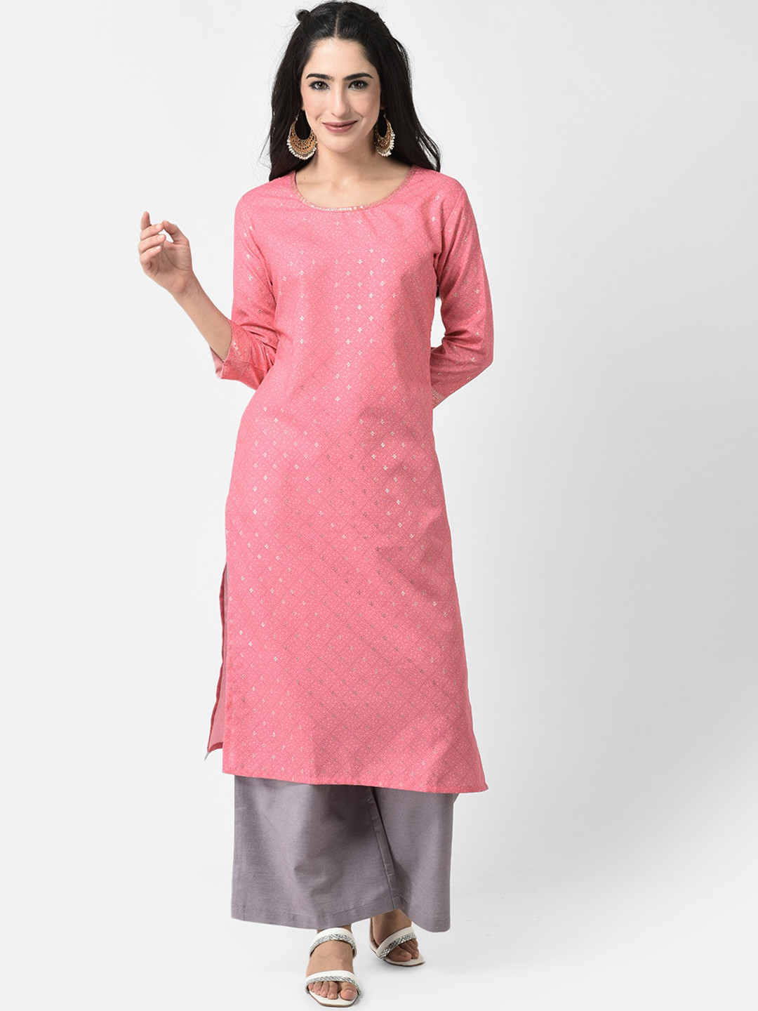 Span Woven Design Round Neck Three Quarter Sleeves Kurta