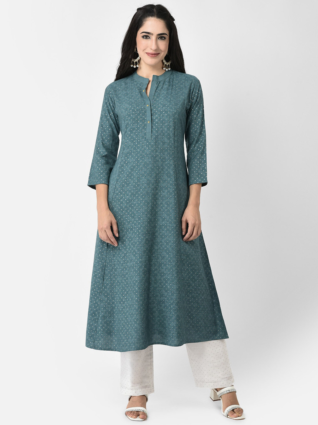 Span Woven Design Mandarin Collar A-Line Straight Kurta
