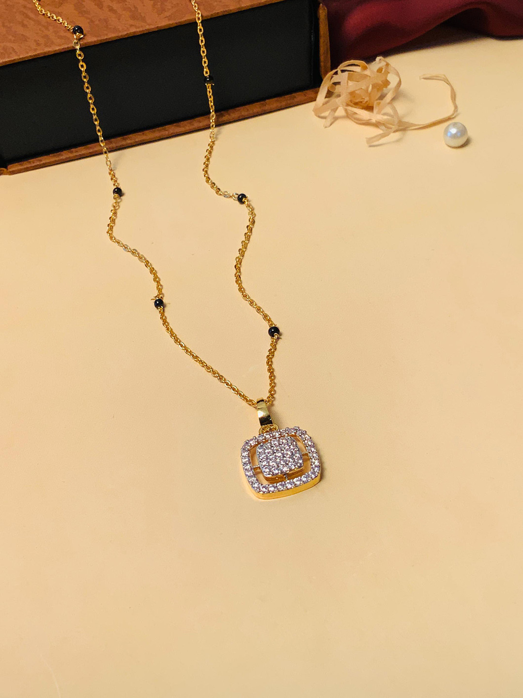 ABDESIGNS Gold Plated American Diamond & Beaded Mangalsutra