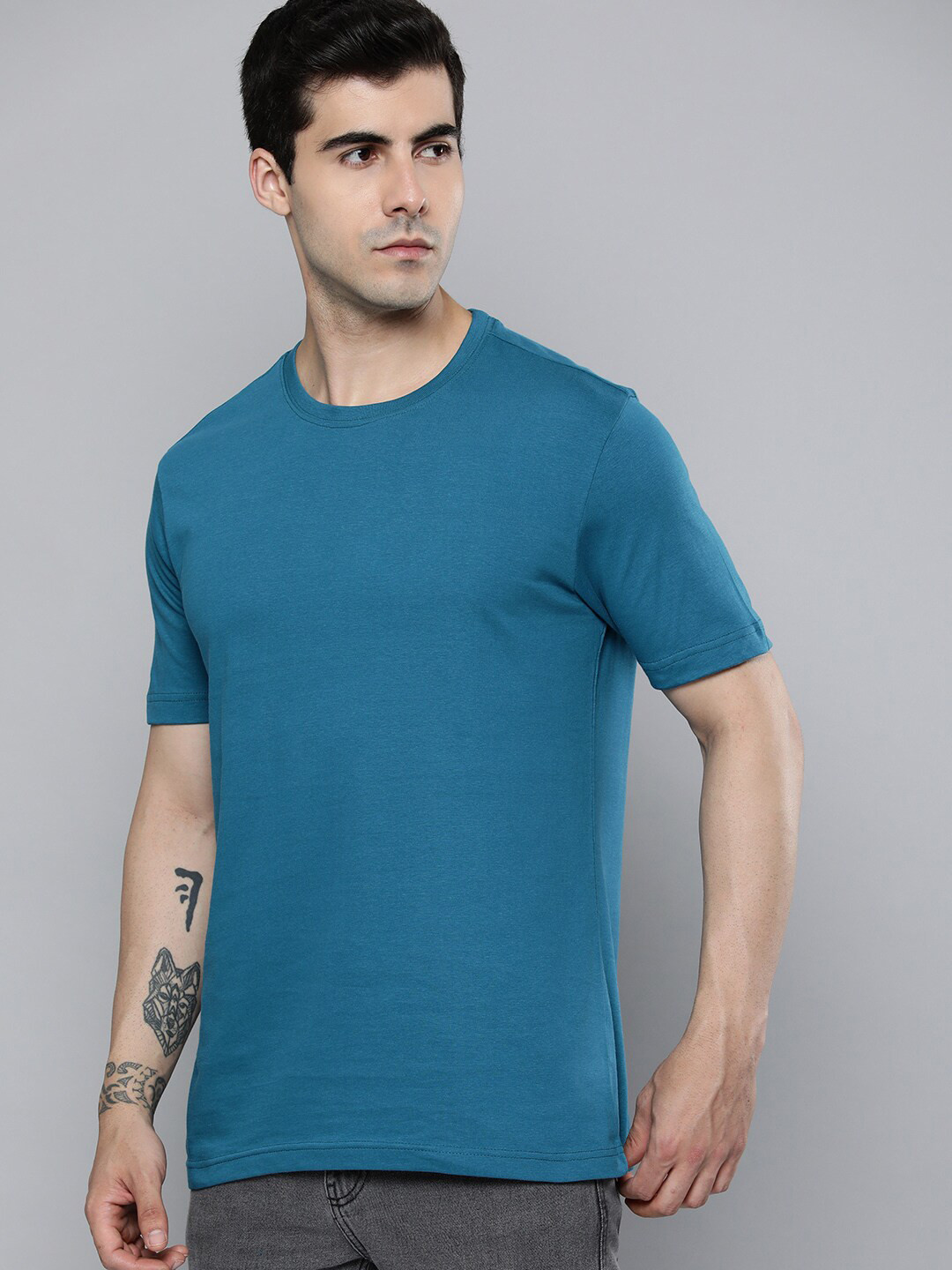 Mast & Harbour Teal Blue Round Neck Regular Fit Cotton T-shirt