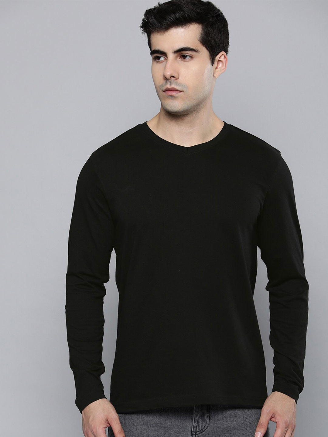 Mast & Harbour Black V-Neck Long Sleeve Cotton T-shirt
