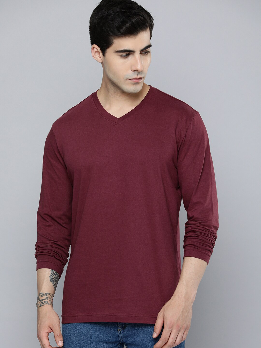 Mast & Harbour Purple V-Neck Long Sleeves Cotton T-shirt
