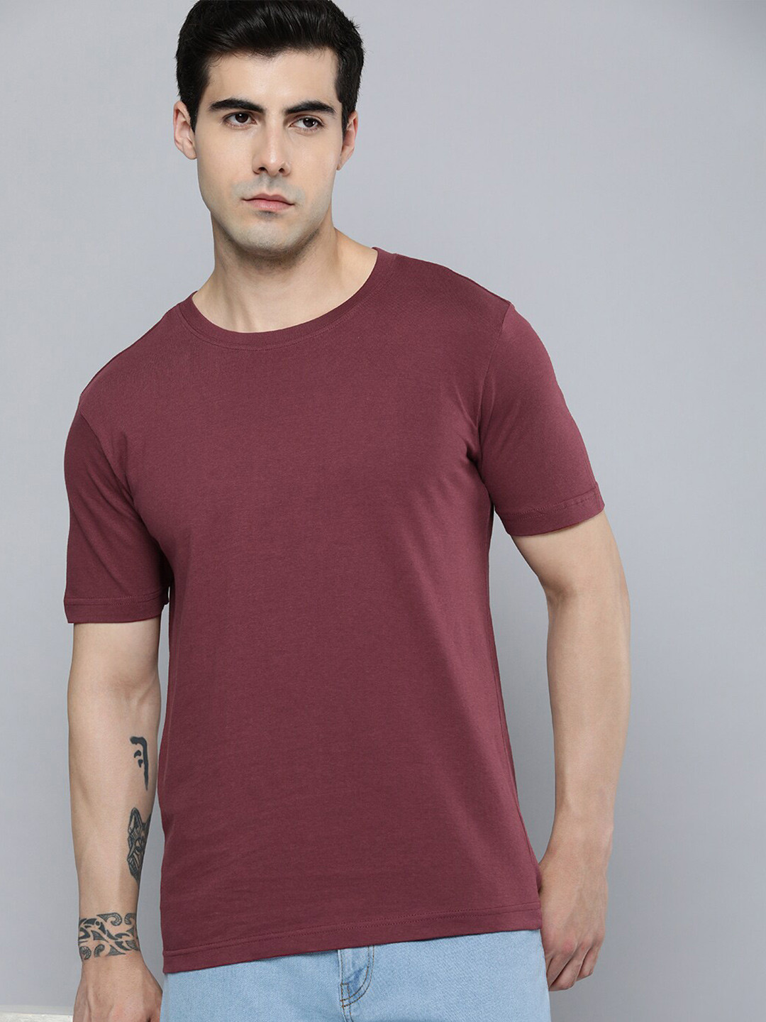 Mast & Harbour Maroon Round Neck Regular Fit Cotton T-shirt