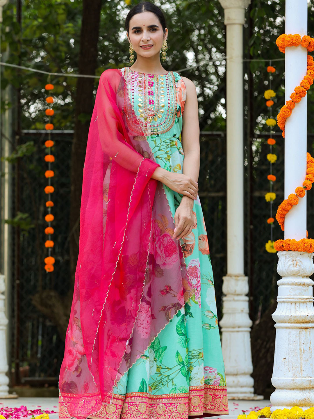 GILLORI Floral Embroidered Pure Cotton Midi Ethnic Dresses With Dupatta