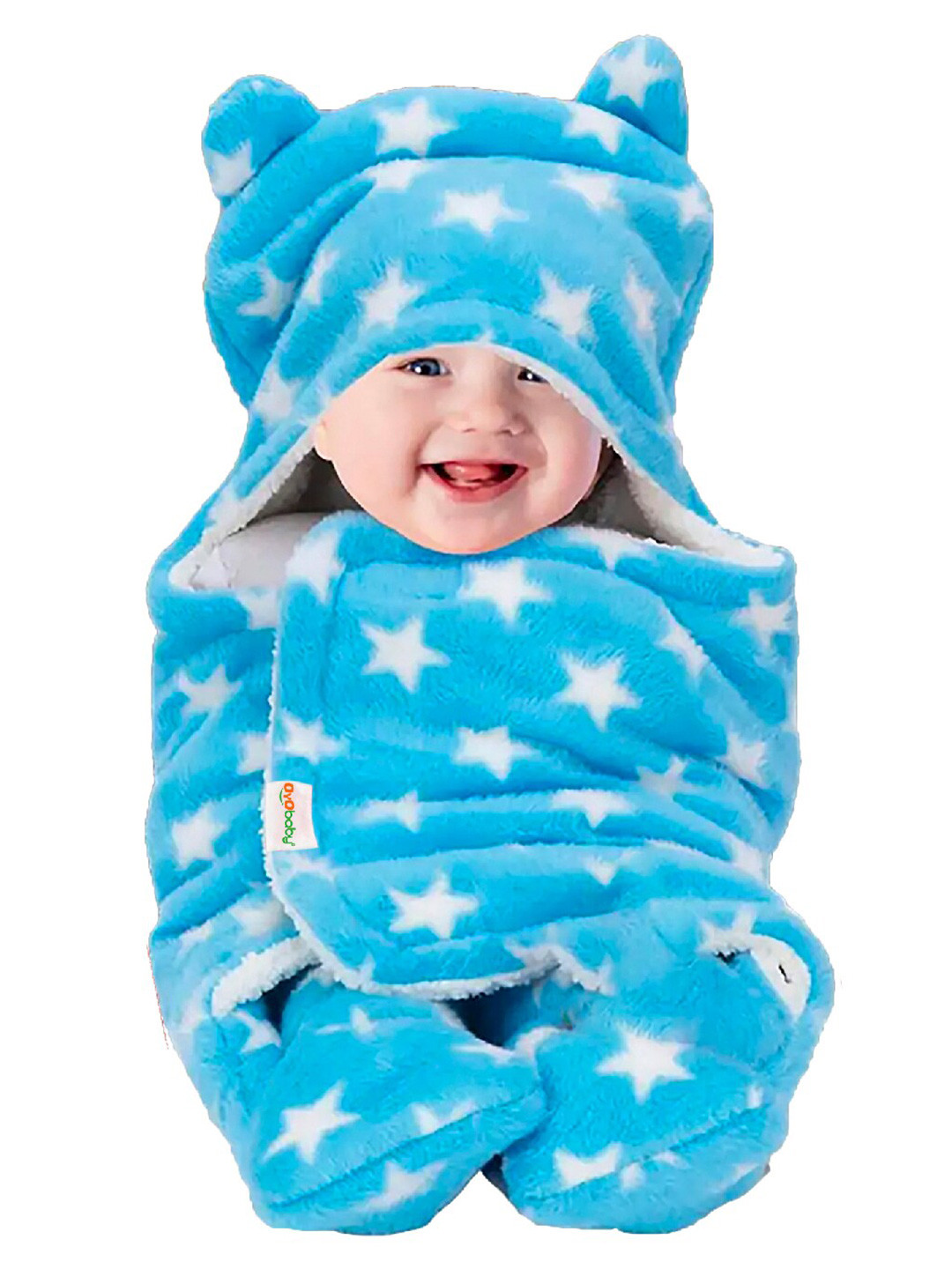 OyO Baby Infants Kids Blue Printed 553 GSM Fleece 3 In 1 Hooded Baby Blanket Wrapper