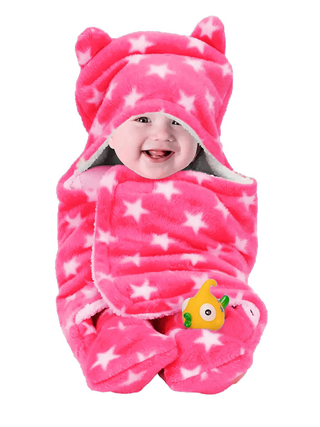 OyO Baby Pink & White Infants Kids Printed 3 In 1 Hooded Baby Blanket Wrapper