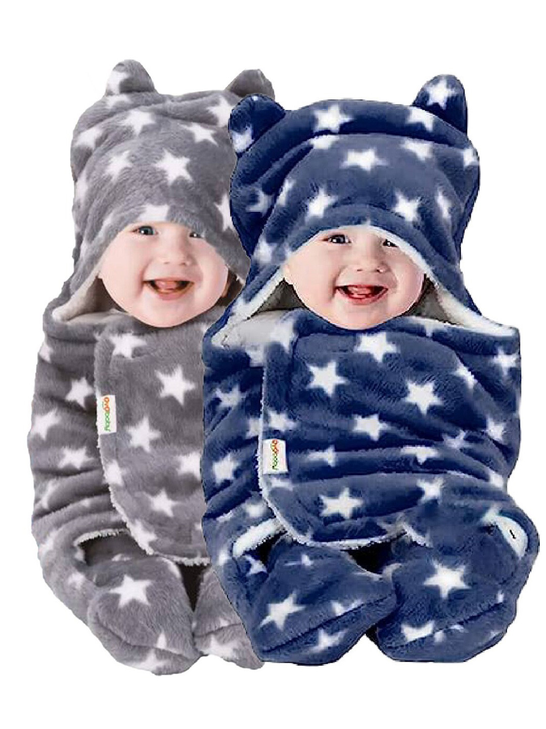 OyO Baby Blue & Grey Infants Kids Printed 3 In 1 Hooded Baby Blanket Wrapper