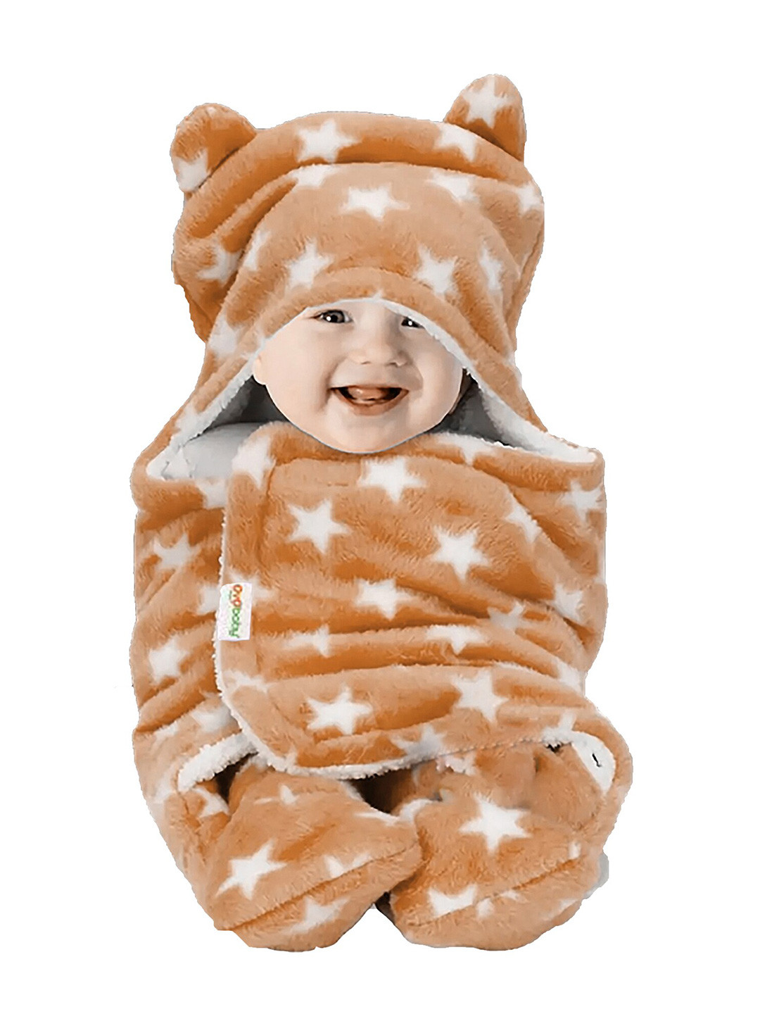 OyO Baby Infants Kids Beige & White Printed 553 GSM 3 In 1 Hooded Baby Blanket Wrapper