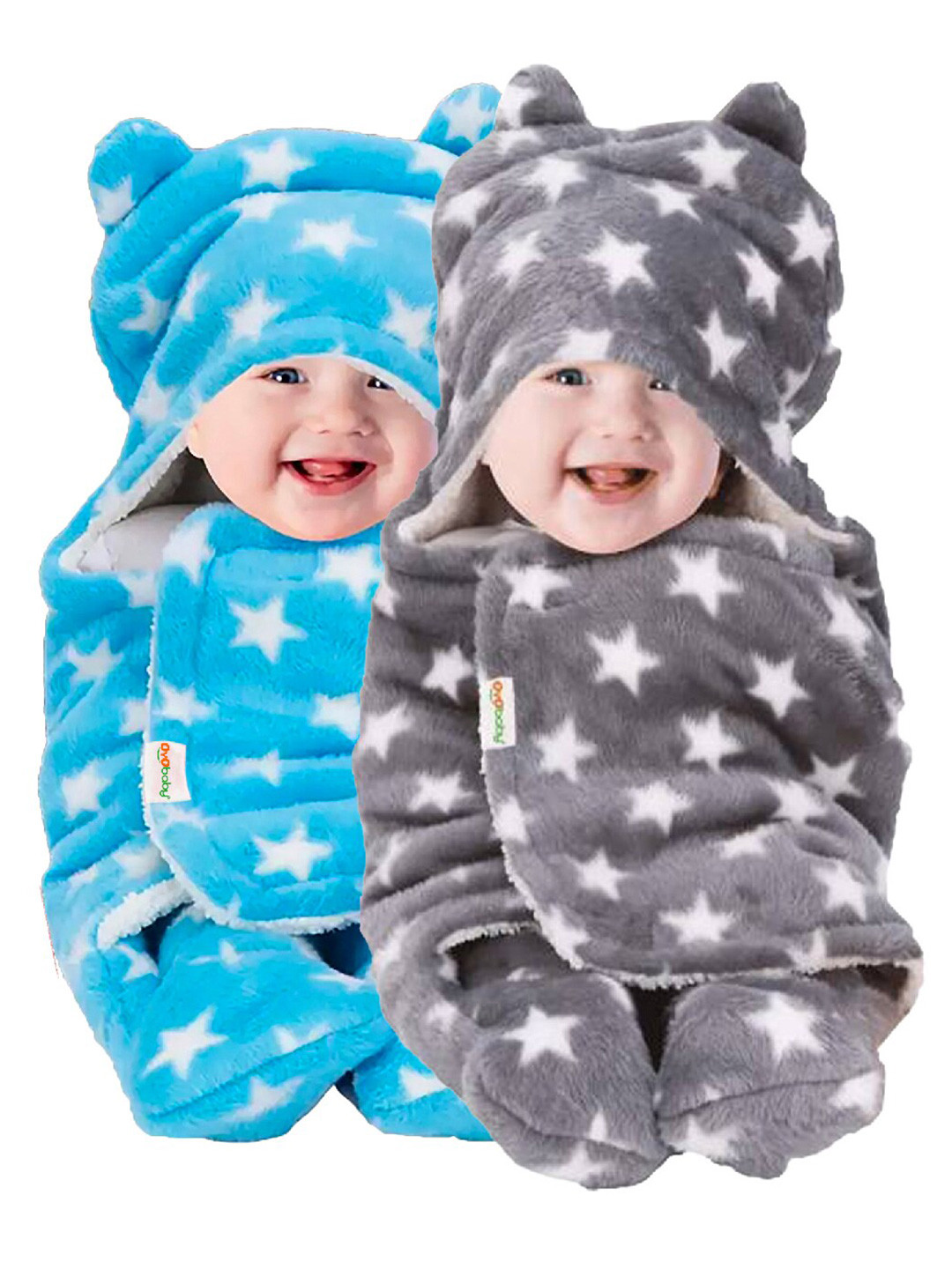 OyO Baby Infants Kids Grey 2 Pieces Printed 553 GSM 3 In 1 Hooded Baby Blankets Wrappers