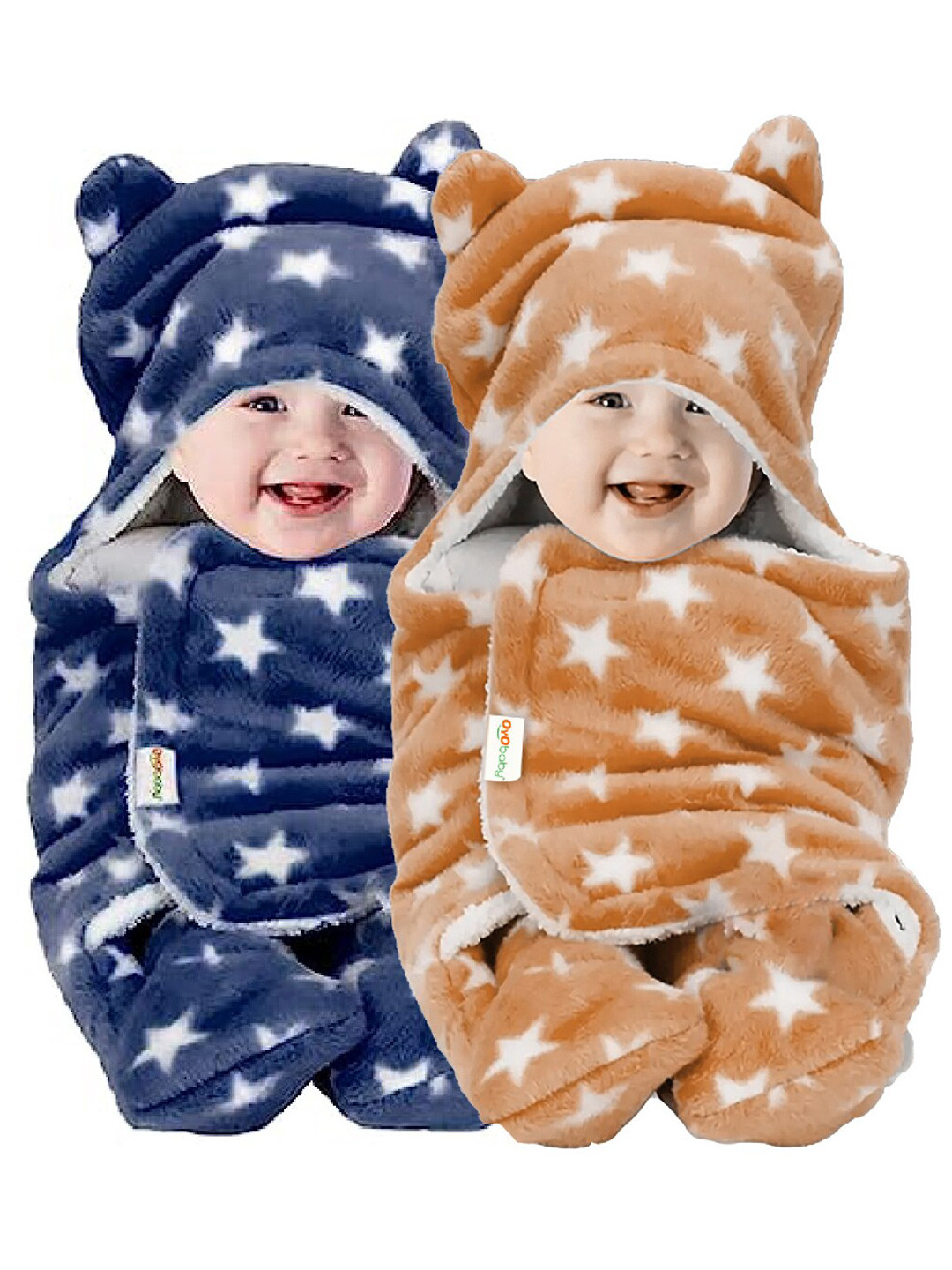 OyO Baby Infants Kids Blue & Beige 2 Pieces Printed Fleece All-Season Baby Blanket Wrapper