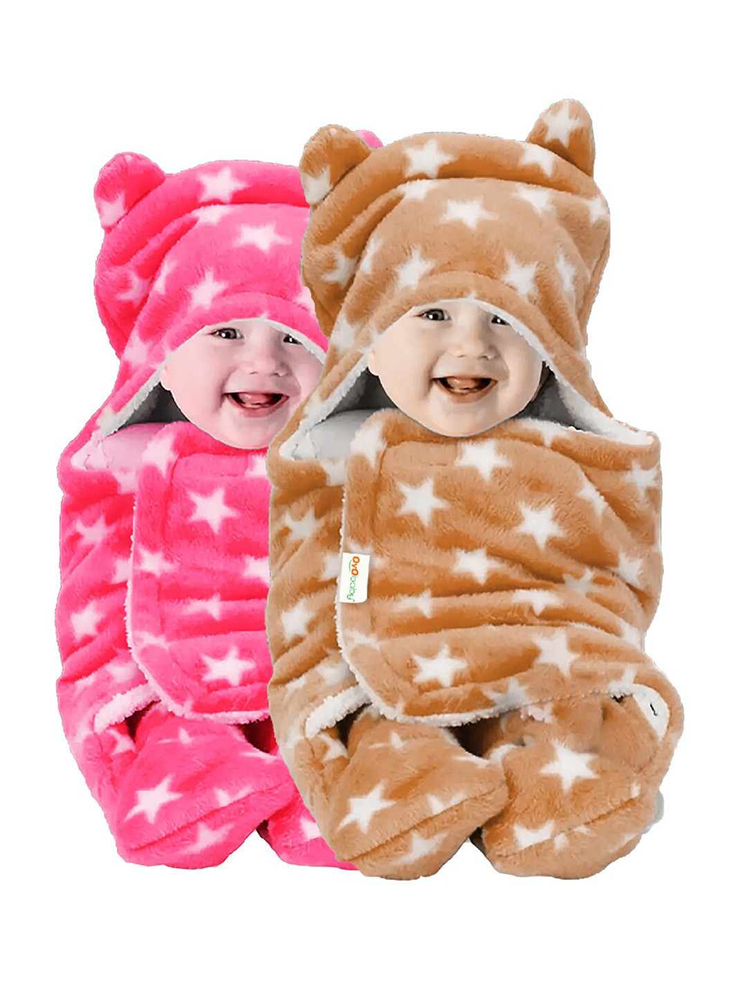 OyO Baby Infants Kids Pack of 2 Beige & Pink Printed 3 In 1 Hooded Baby Blanket Wrapper