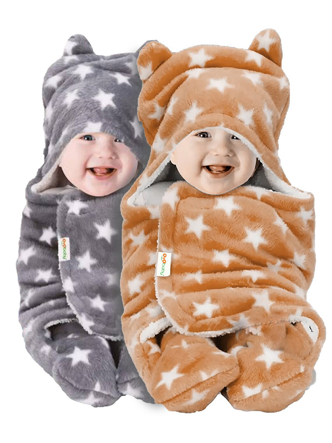 OyO Baby Beige & Grey 2 Pieces Infants KidsPrinted 3 In 1 Hooded Baby Blanket Wrapper