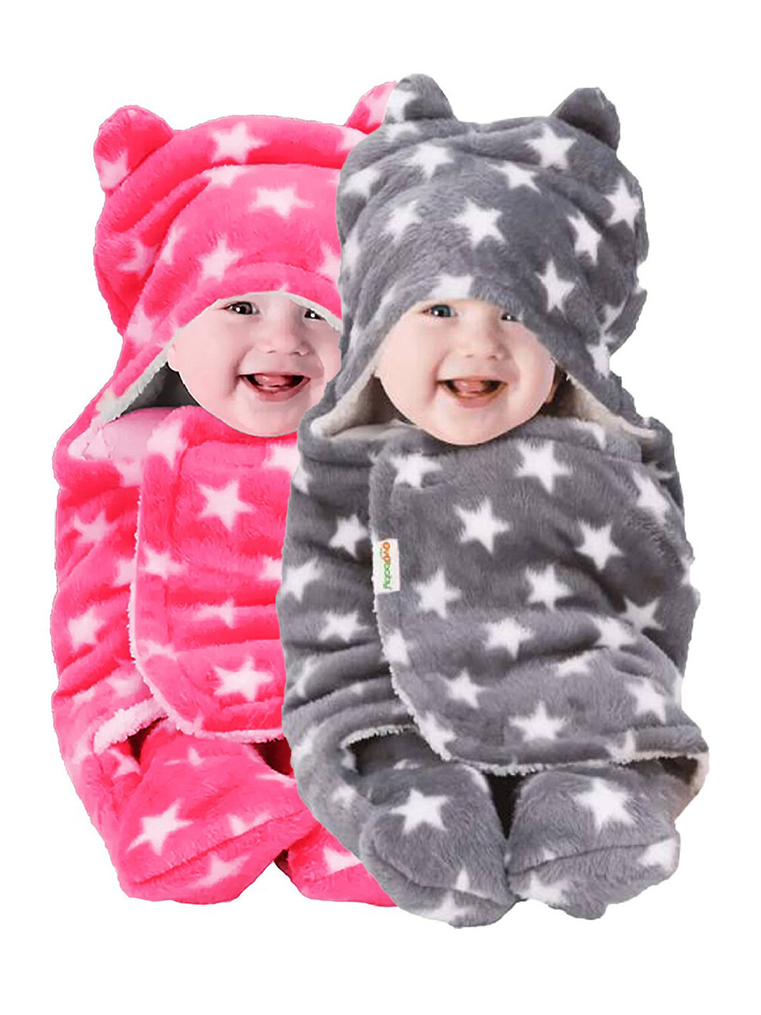 OyO Baby Infants Kids Pink & Grey 2 Pieces Printed 3 In 1 Hooded Baby Blanket Wrapper