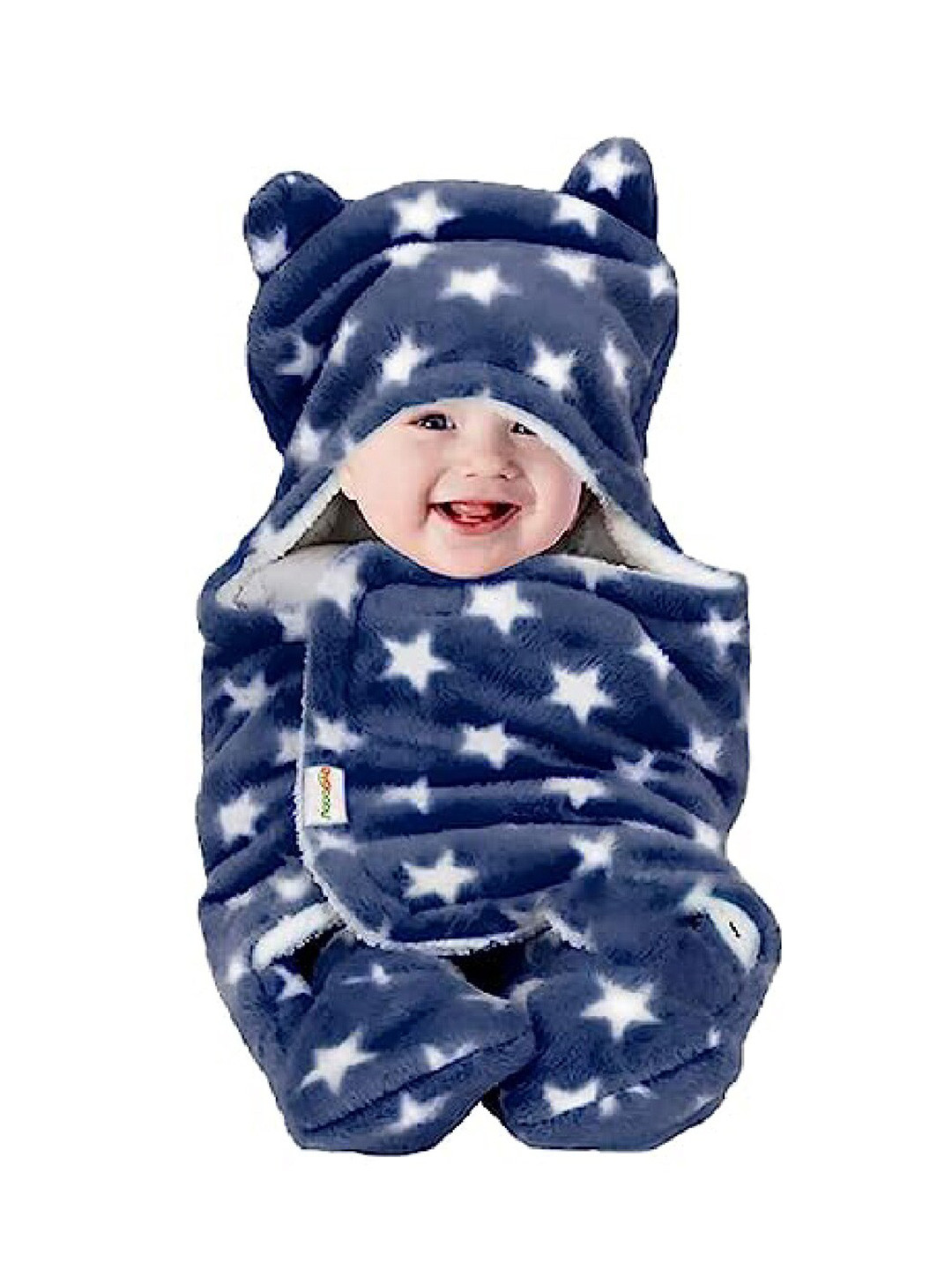 OyO Baby Infants Kids Blue & White Star Printed 553 GSM 3 In 1 Hooded Baby Blanket Wrapper
