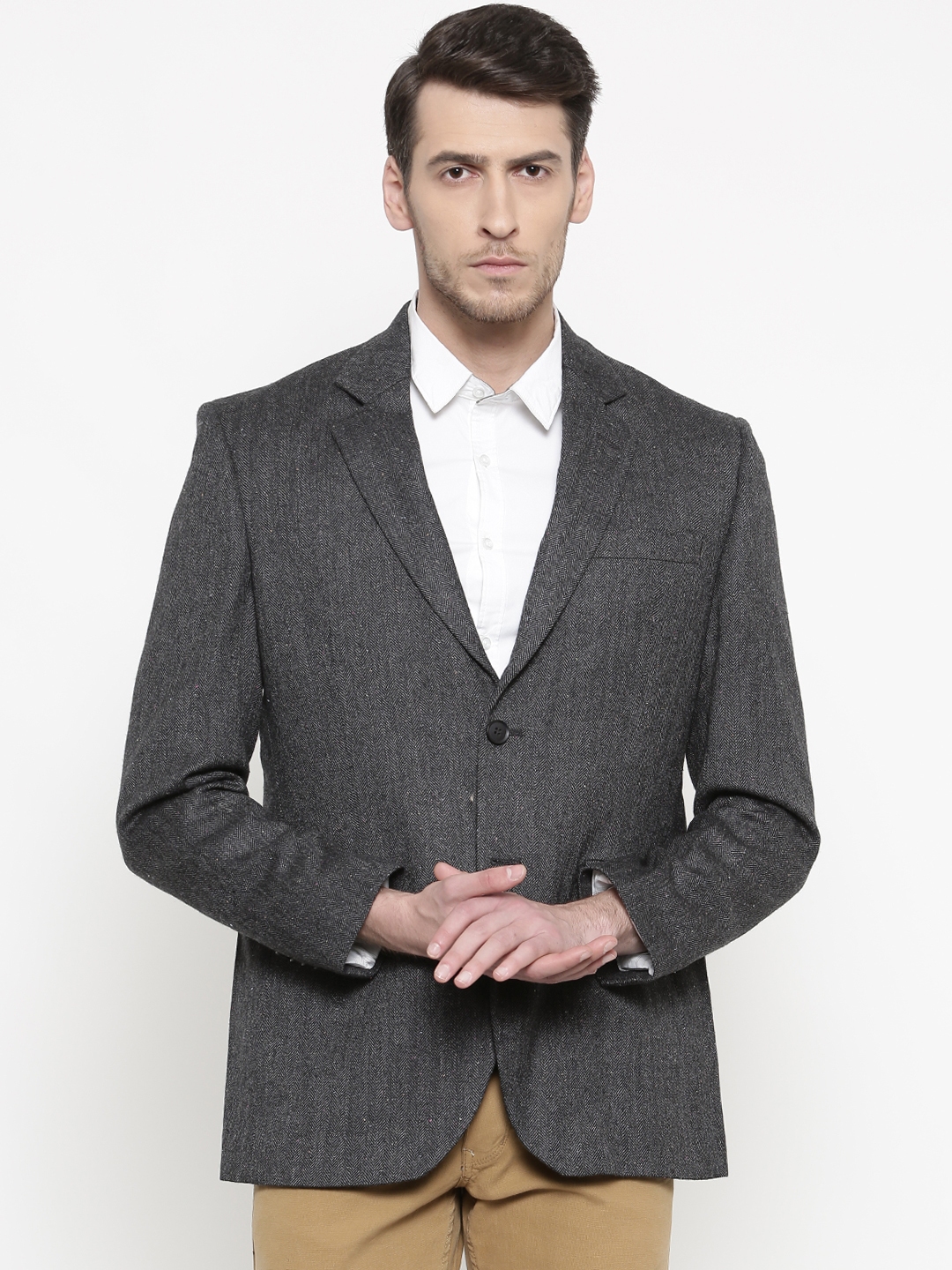 Buy ColorPlus Charcoal Grey Custom Slim Fit Self Design Single