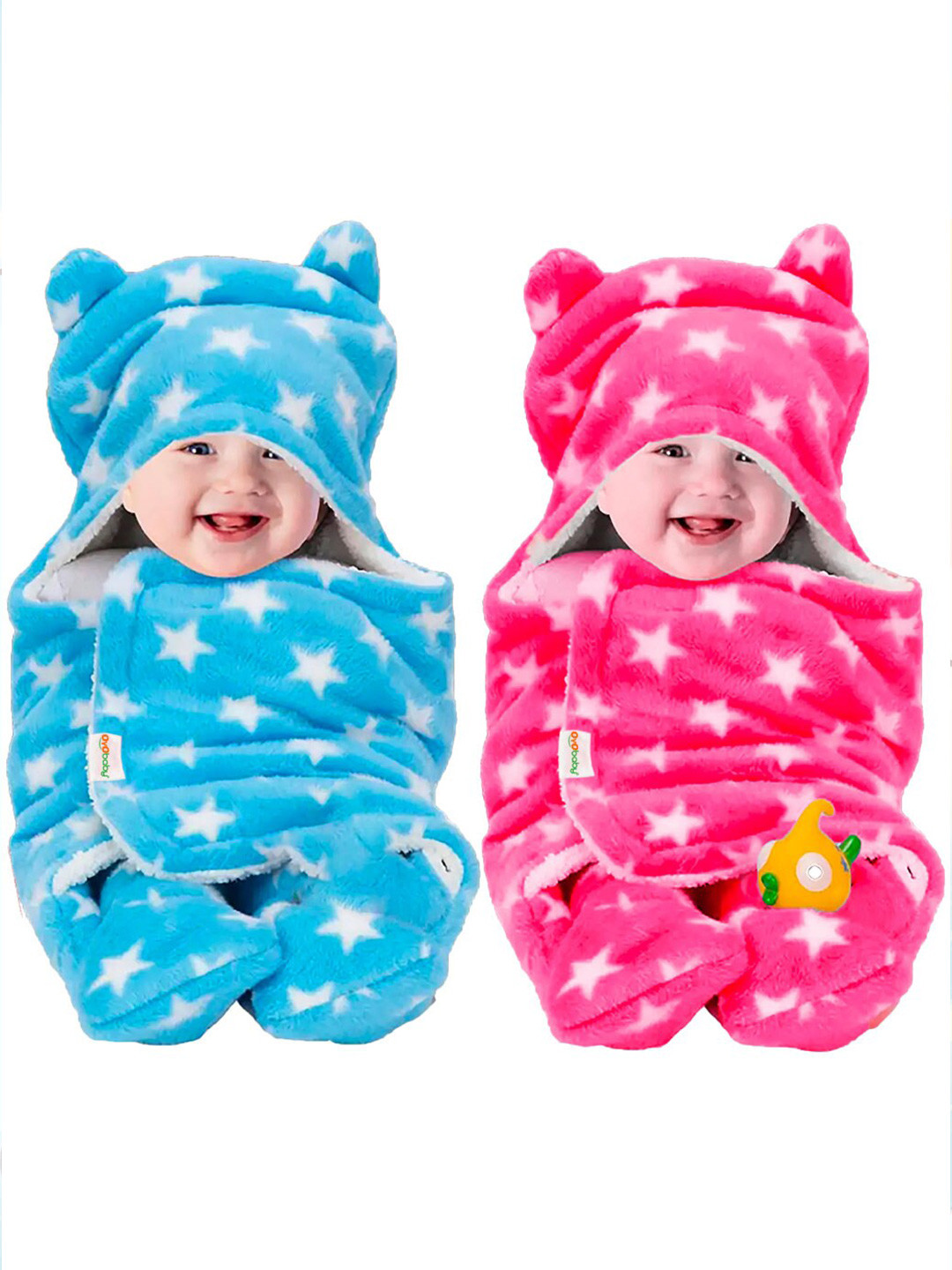 OyO Baby Infants Kids Pink 2 Pieces Printed 553 GSM 3 In 1 Hooded Baby Blankets Wrappers