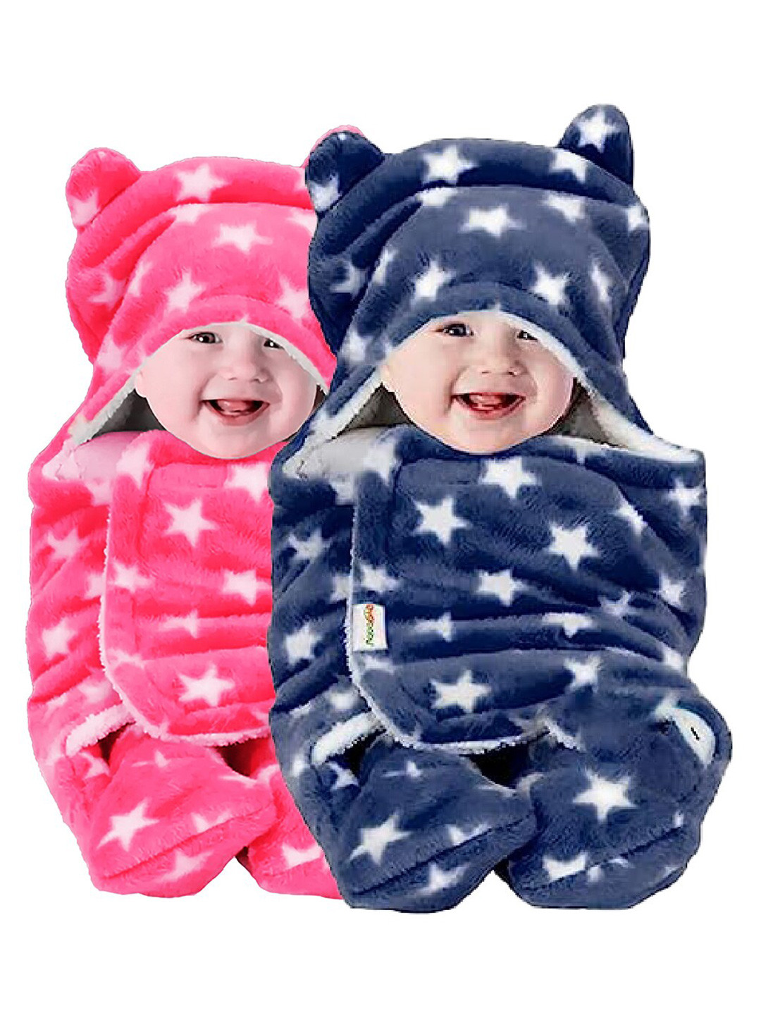 OyO Baby Infants Kids Blue 2 Pieces Printed 553 GSM 3 In 1 Hooded Baby Blanket Wrapper