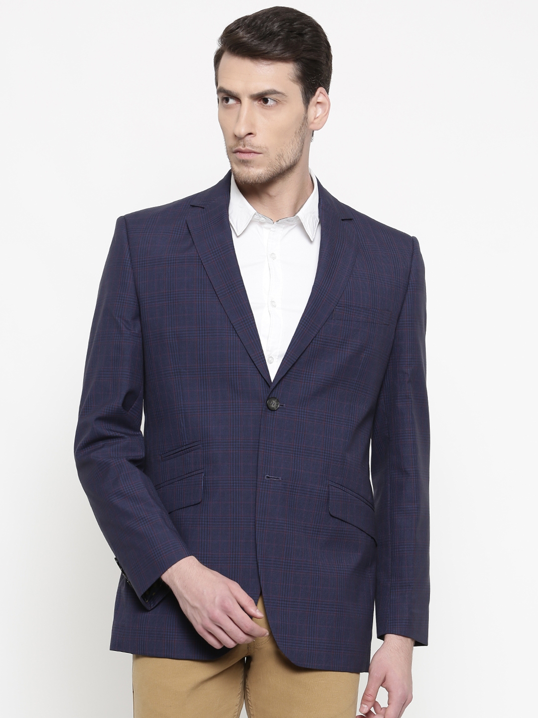 Buy ColorPlus Men Navy Checked Single Breasted Tailored Fit Formal