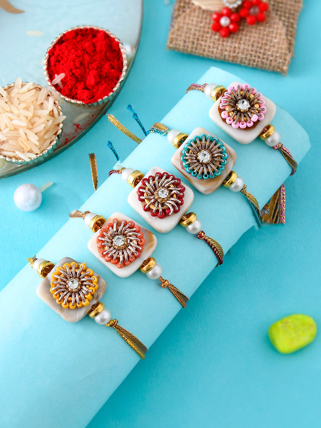 Aapno Rajasthan Set Of 5 Zari Work Floral Rakhi