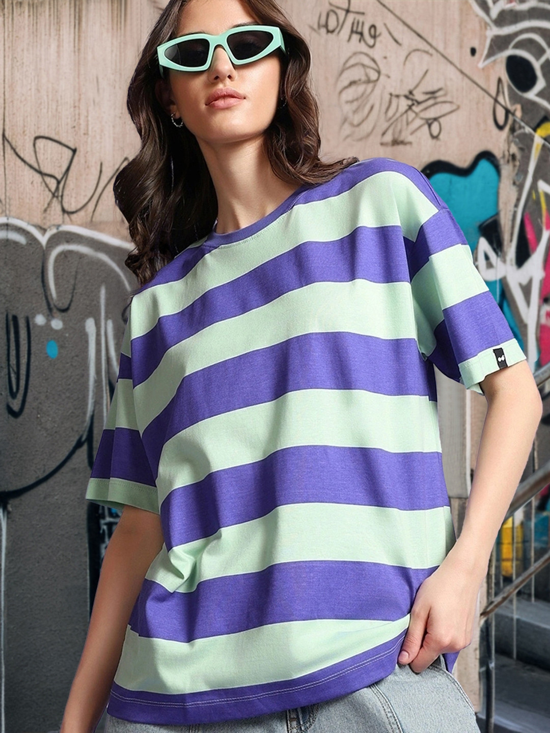 Bewakoof Blue Striped Round Neck Drop-Shoulder Sleeves Pure Cotton Oversized T-shirt