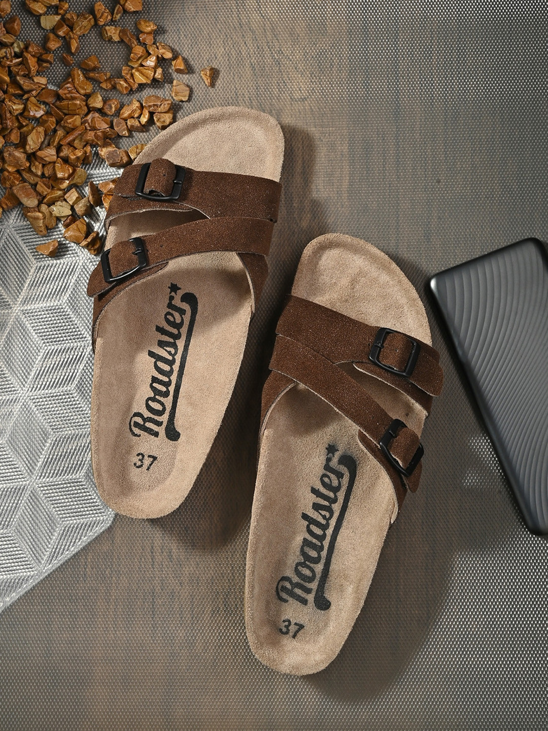 The Roadster Lifestyle Co. Brown Leather Open Toe Flats With Buckles