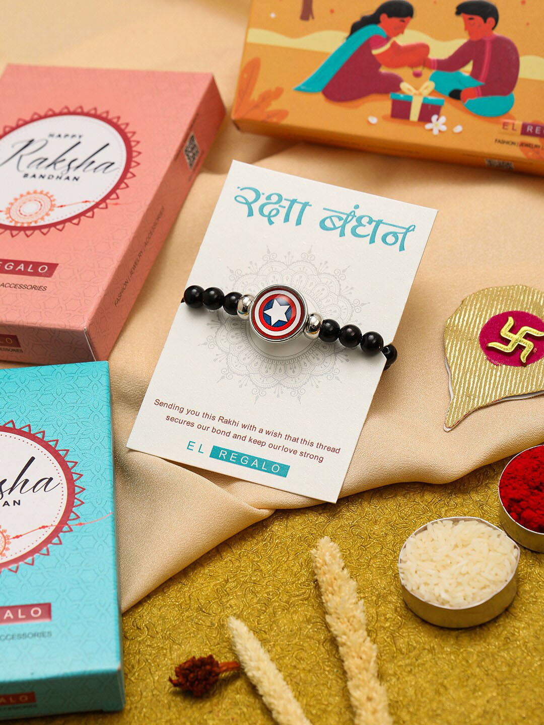 EL REGALO Men Beaded & Captain America Charm Rakhi With Roli Chawal & Greeting Card