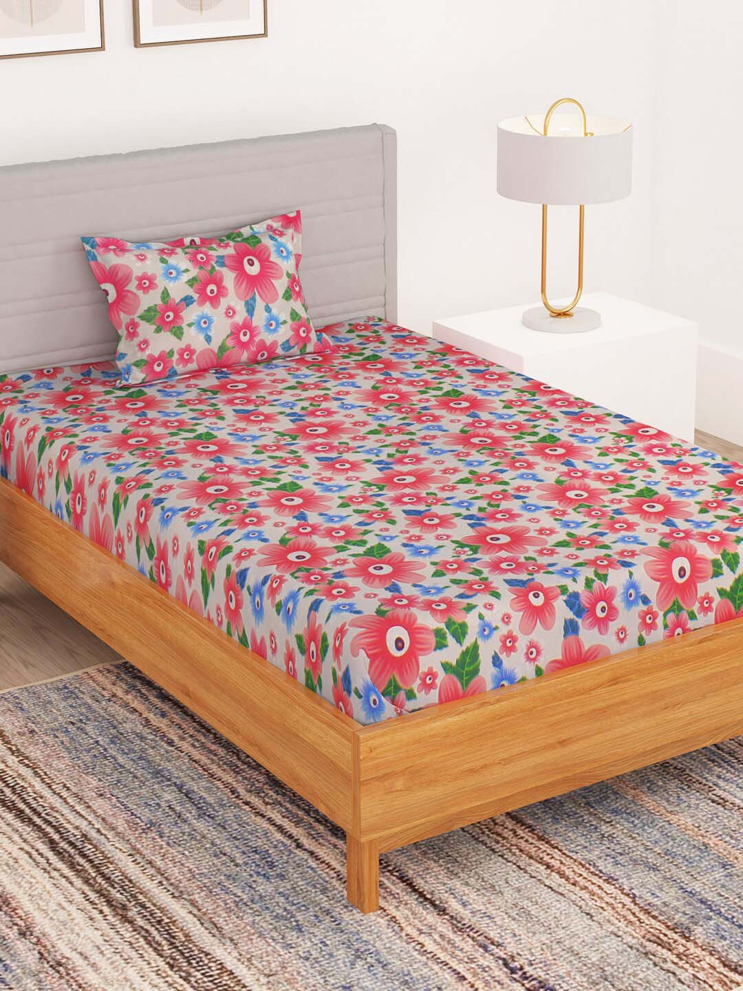 Bedspun Pink Floral Microfiber 180 TC Double Fine Bedsheet with a Pillow Cover-87 x 57 inches