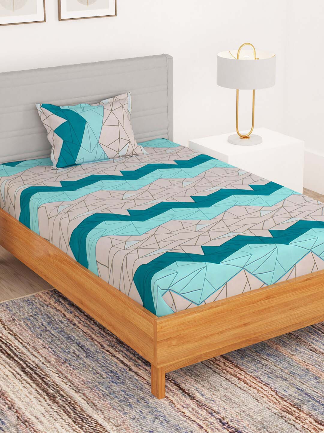 Bedspun Orchid Blue Geometric Microfiber 180 TC Single Fine Bedsheet with a Pillow Cover-87 x 57 inches