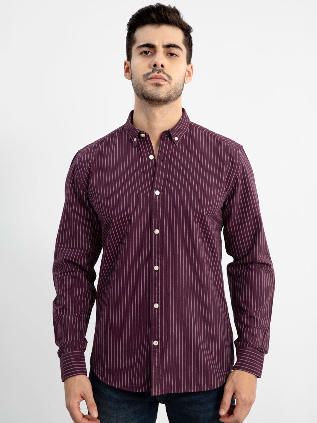 Snitch Maroon Classic Striped Button-Down Collar Slim Fit Cotton Casual Shirt