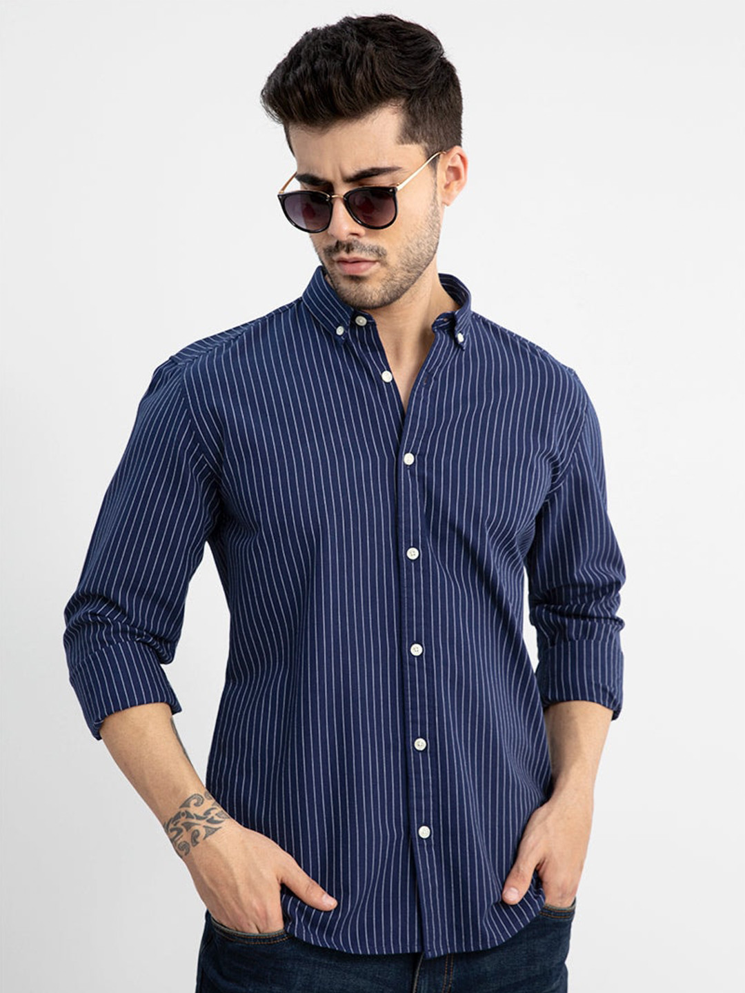 Snitch Navy Blue Striped Classic Slim Fit Pure Cotton Casual Shirt