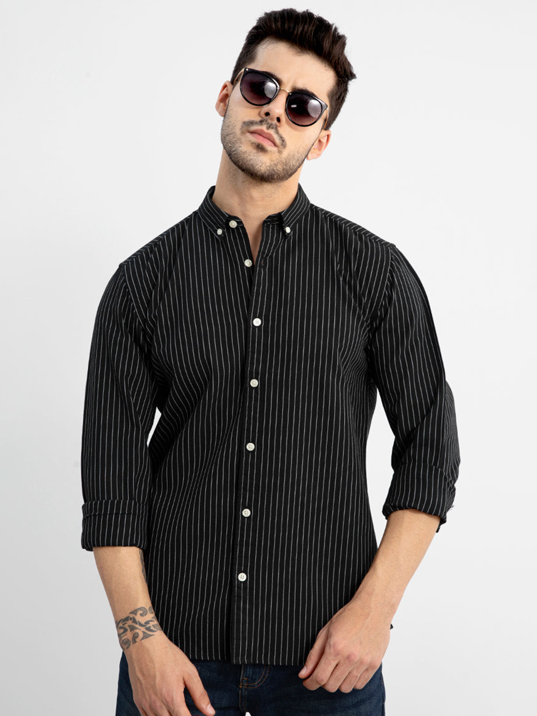 Snitch Black Vertical Striped Button-Down Collar Classic Slim Fit Cotton Casual Shirt