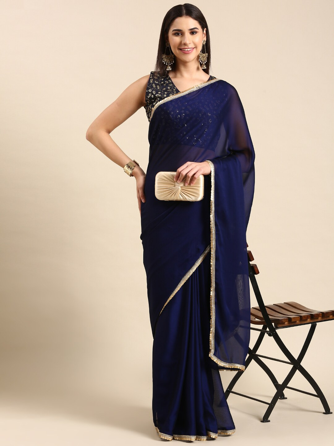 HERE&NOW Navy Blue & Gold-Toned Beads and Stones Pure Georgette Saree
