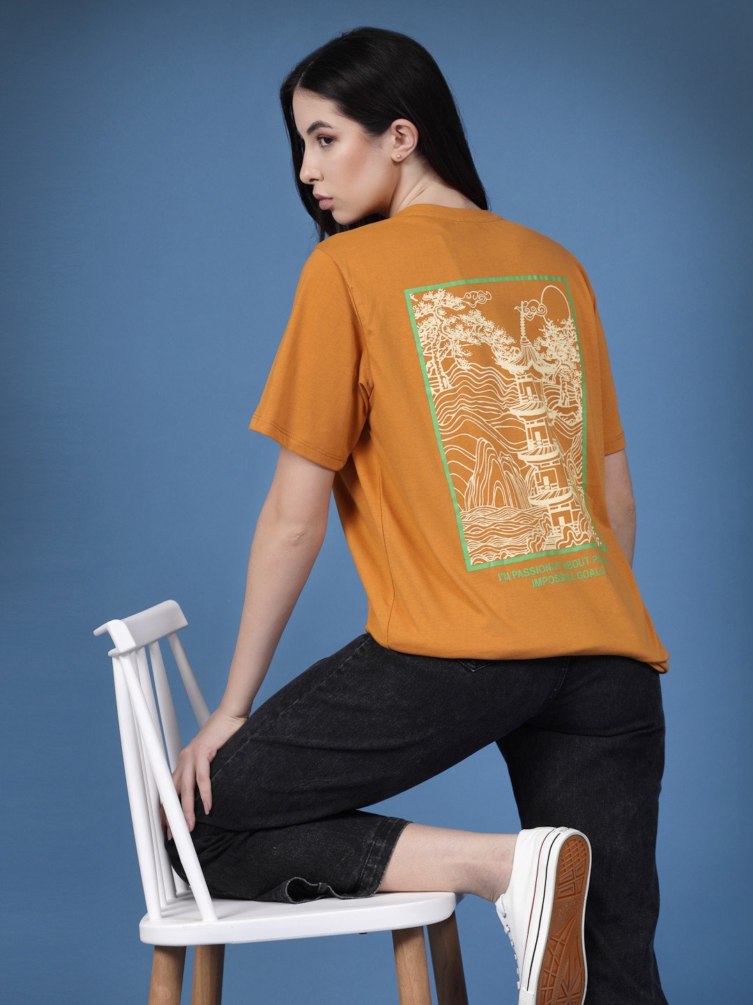 Mustard Cotton Graphic T-shirt with Round Neck