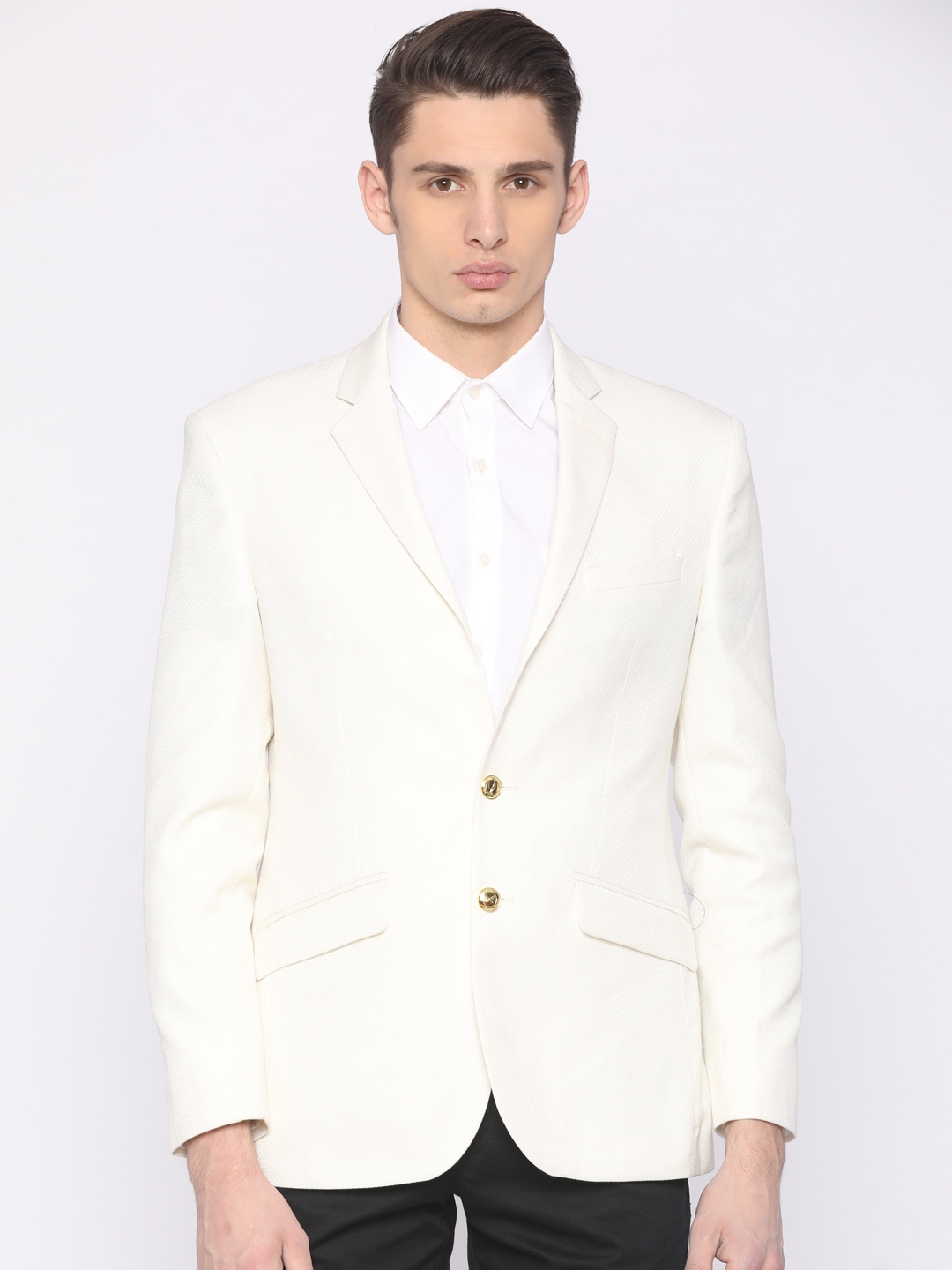 Park Avenue Men Off White Patterned Single Breasted Slim Fit Formal Blazer