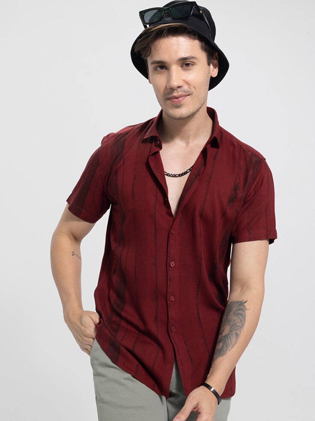 Snitch Red Classic Slim Fit Striped Casual Shirt