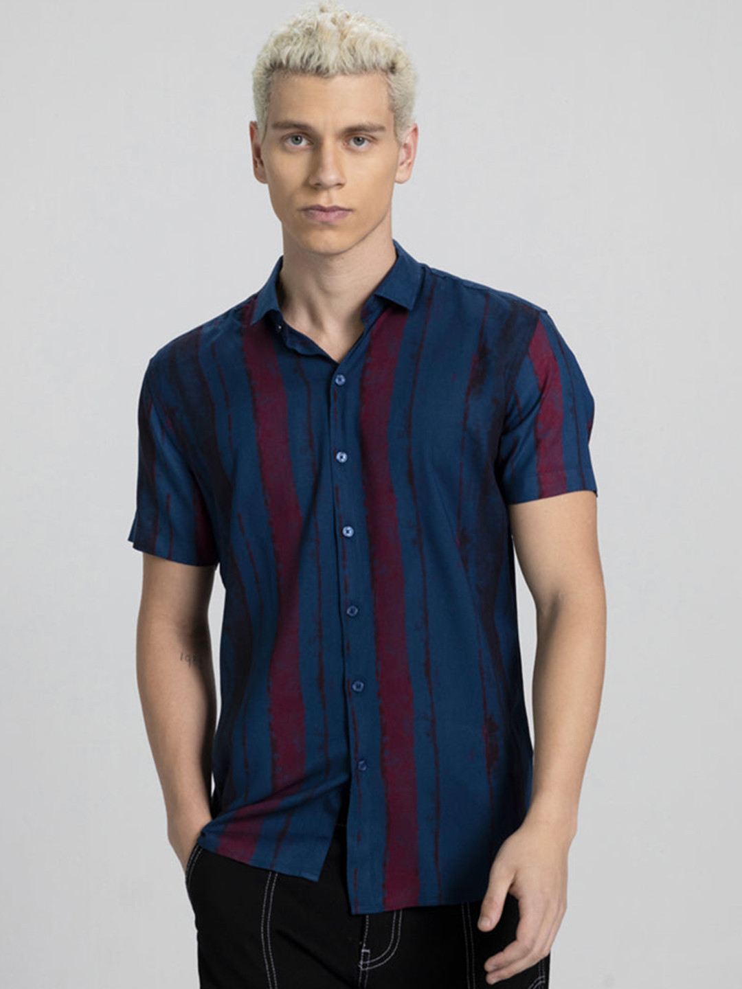 Snitch Blue Striped Classic Slim Fit Casual Shirt
