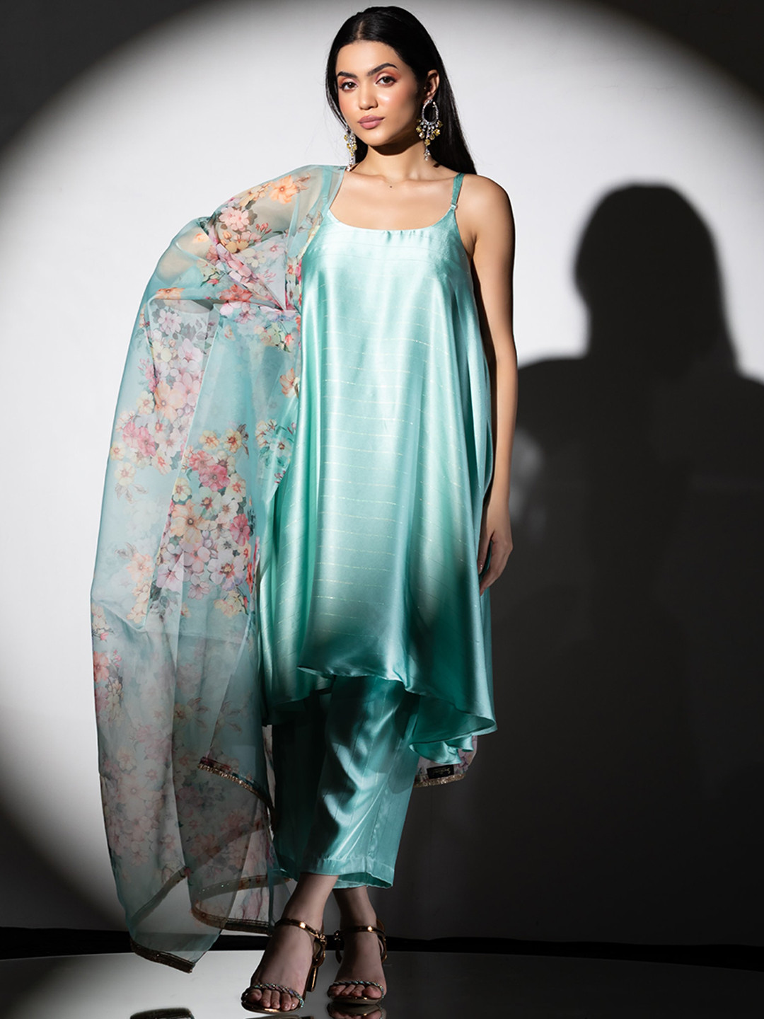 Swtantra Striped Shoulder Straps A-Line Kurta & Trousers With Dupatta