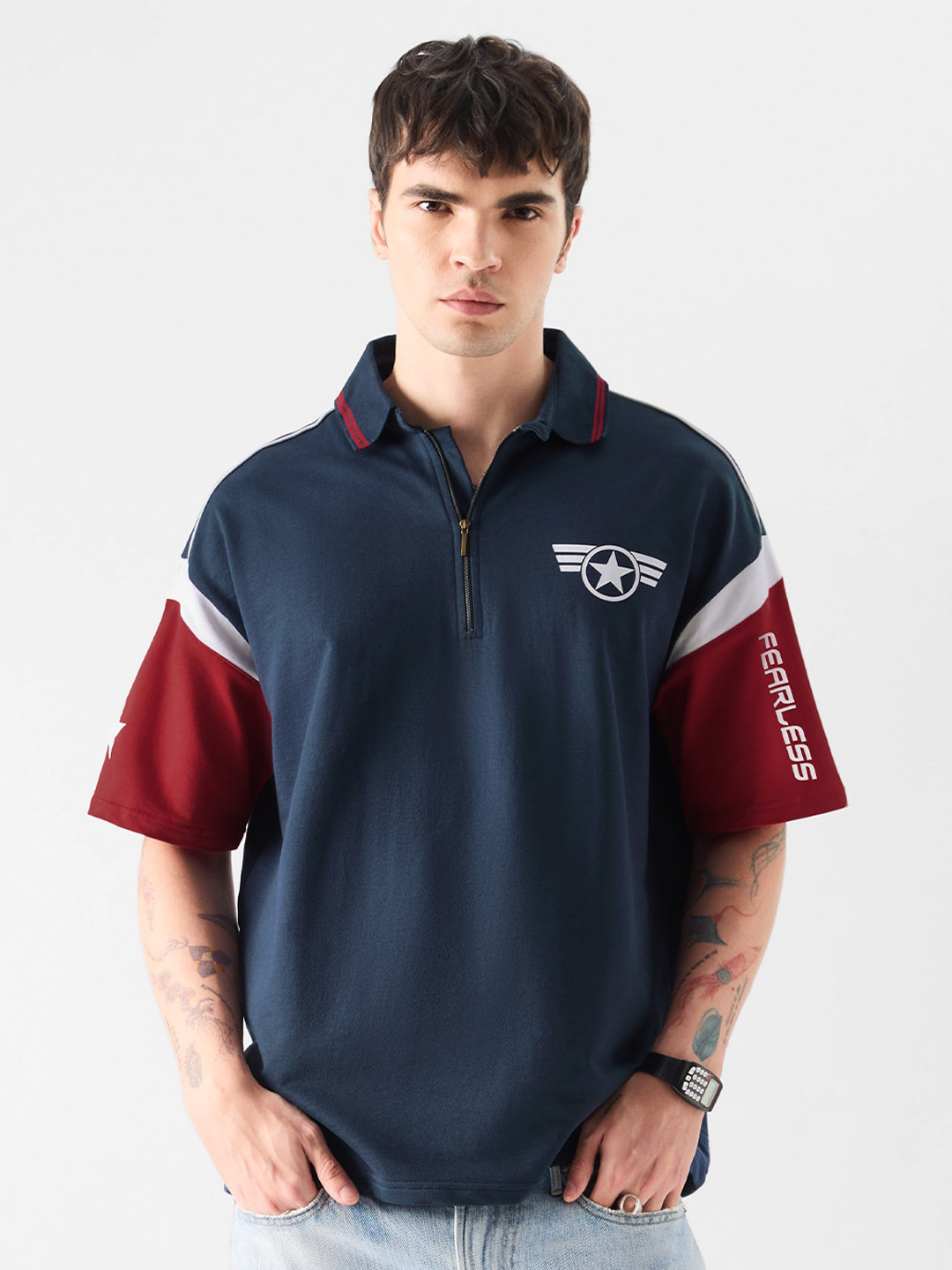 The Souled Store Navy Blue Captain America Printed Polo Collar Pure Cotton Oversized T-shirt