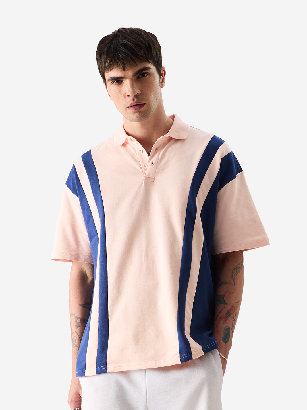 The Souled Store Pink Striped Polo Collar Pure Cotton T-shirt