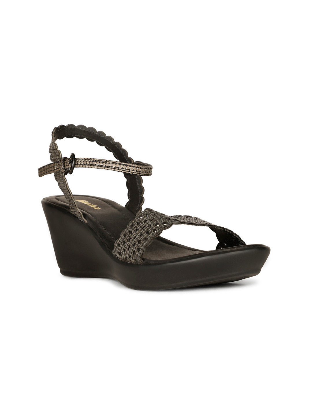 Bata Textured Open Toe Wedges With Laser Cuts & Buckle Closure