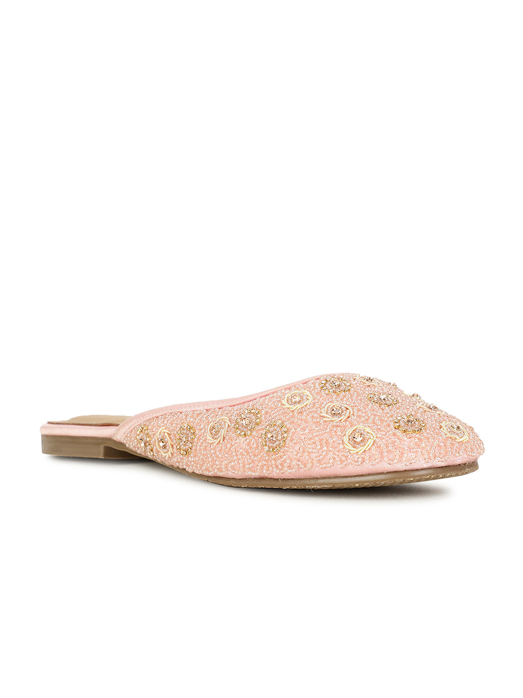 Bata Pink & Gold-Toned Embellished Round Toe Mules