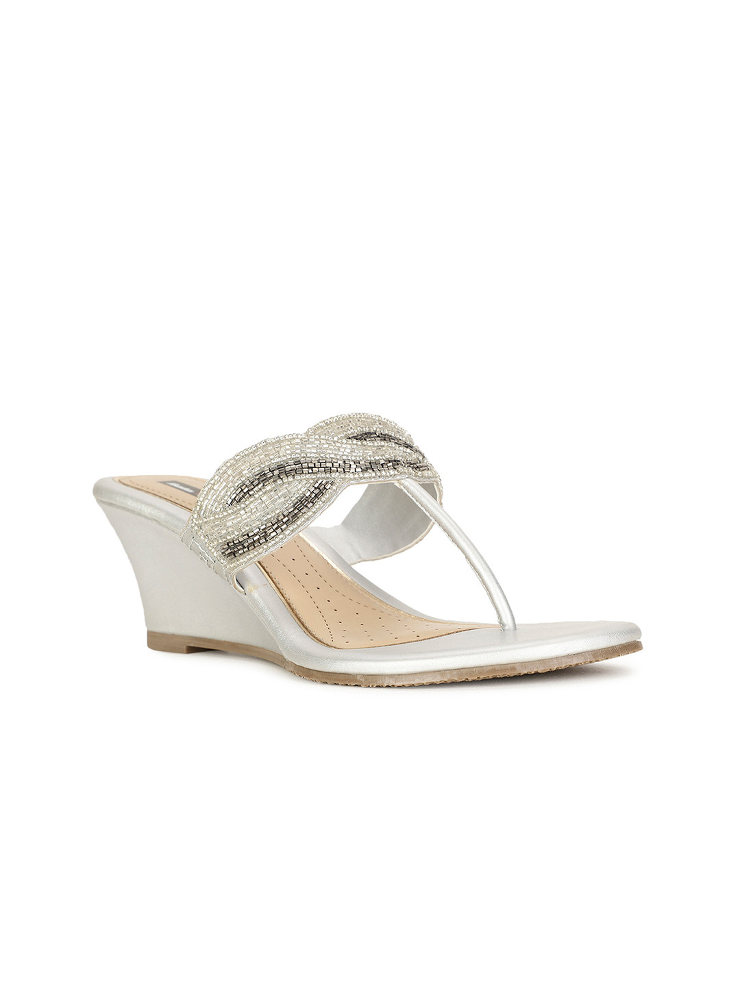 Bata Silver-Toned Ethnic Embellished Open Toe Wedges