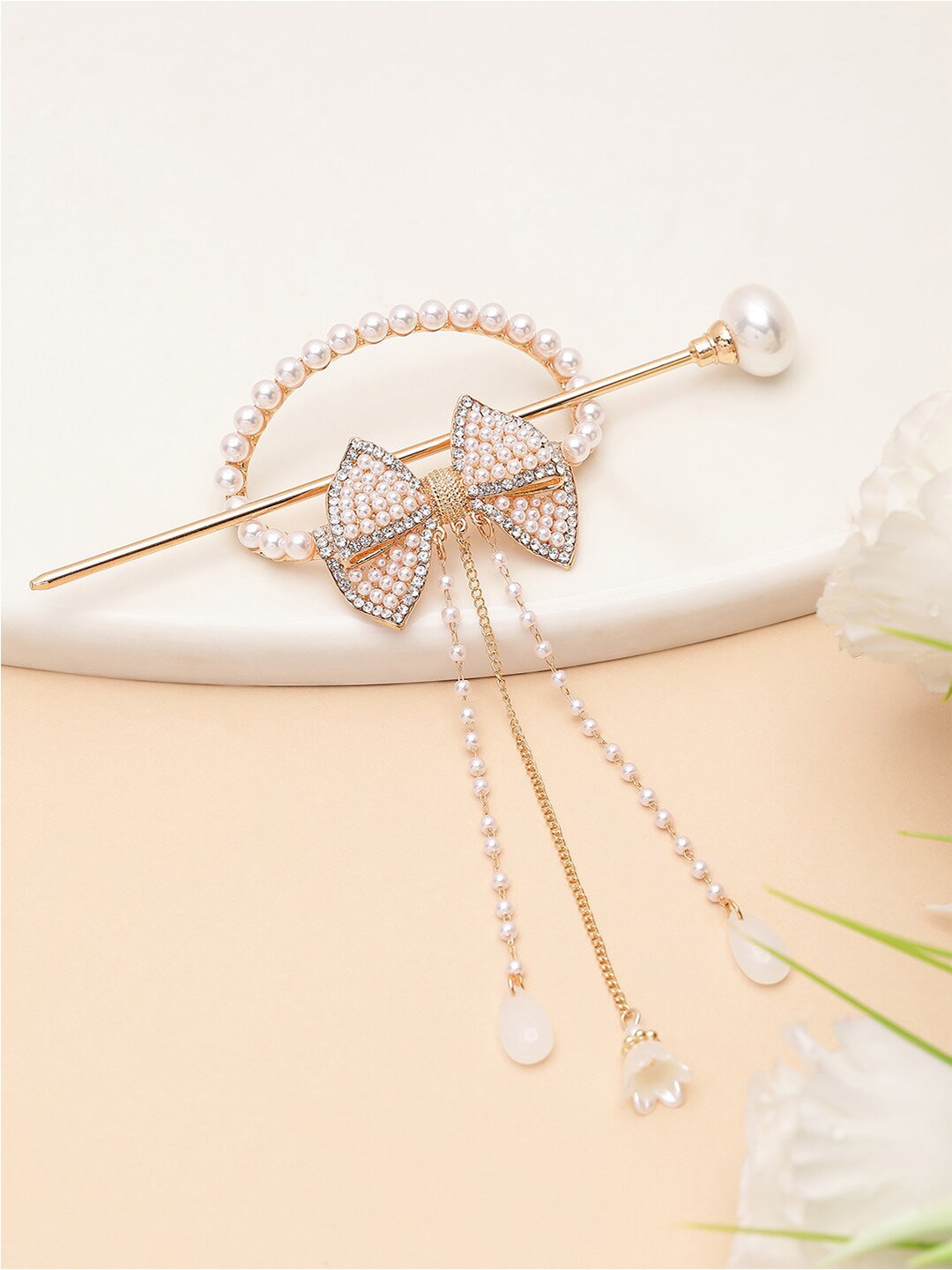 VOGUE PANASH Women Gold-Plated Pearl Studded Bow Shaped Hairstick