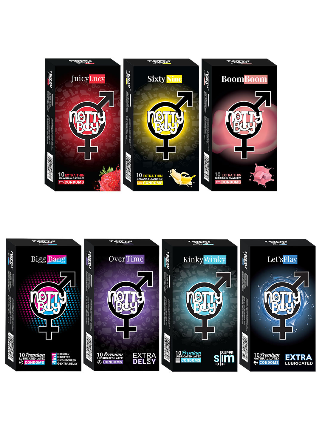 noTTy Boy Set of 7 Premium Lubricated Latex Condoms - 10 pcs each