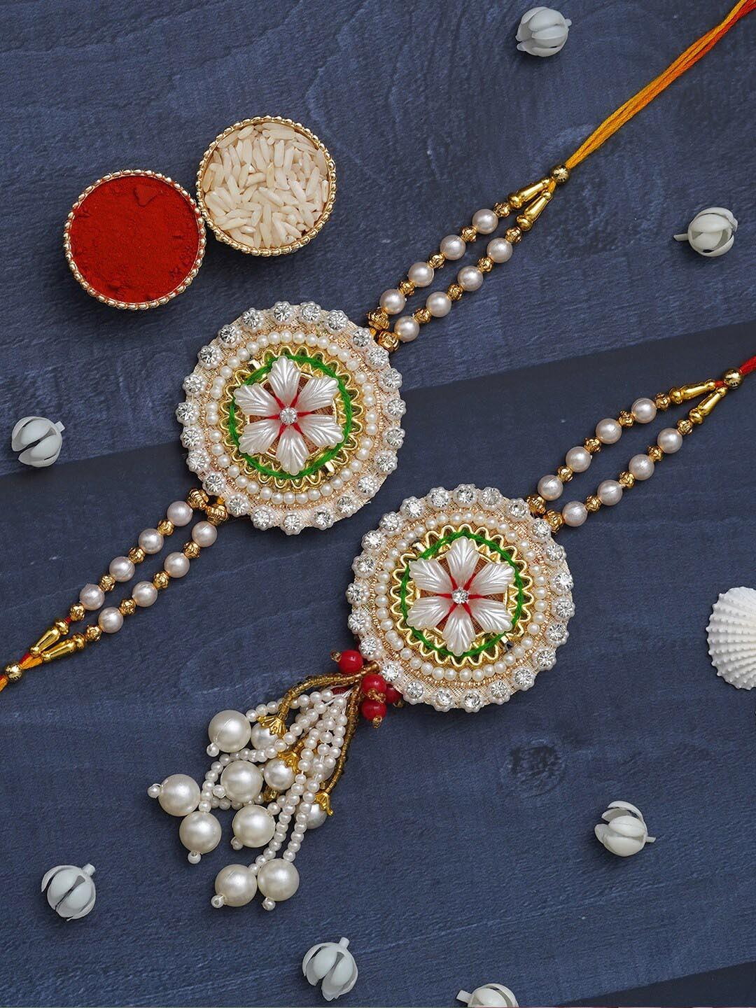 eCraftIndia Unisex Set Of 2 Stone-Studded Floral Bhaiya Bhabhi Rakhi Set